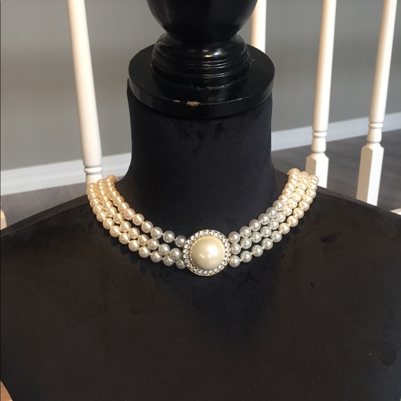 3-strand Pearl & Rhinestone Necklace & Earrings - Picture 3 of 3